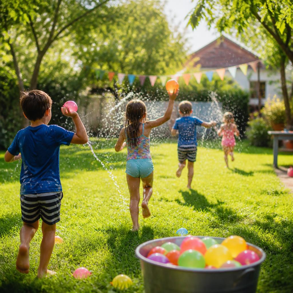 Enfants jouant avec des ballons d'eau dans le jardin